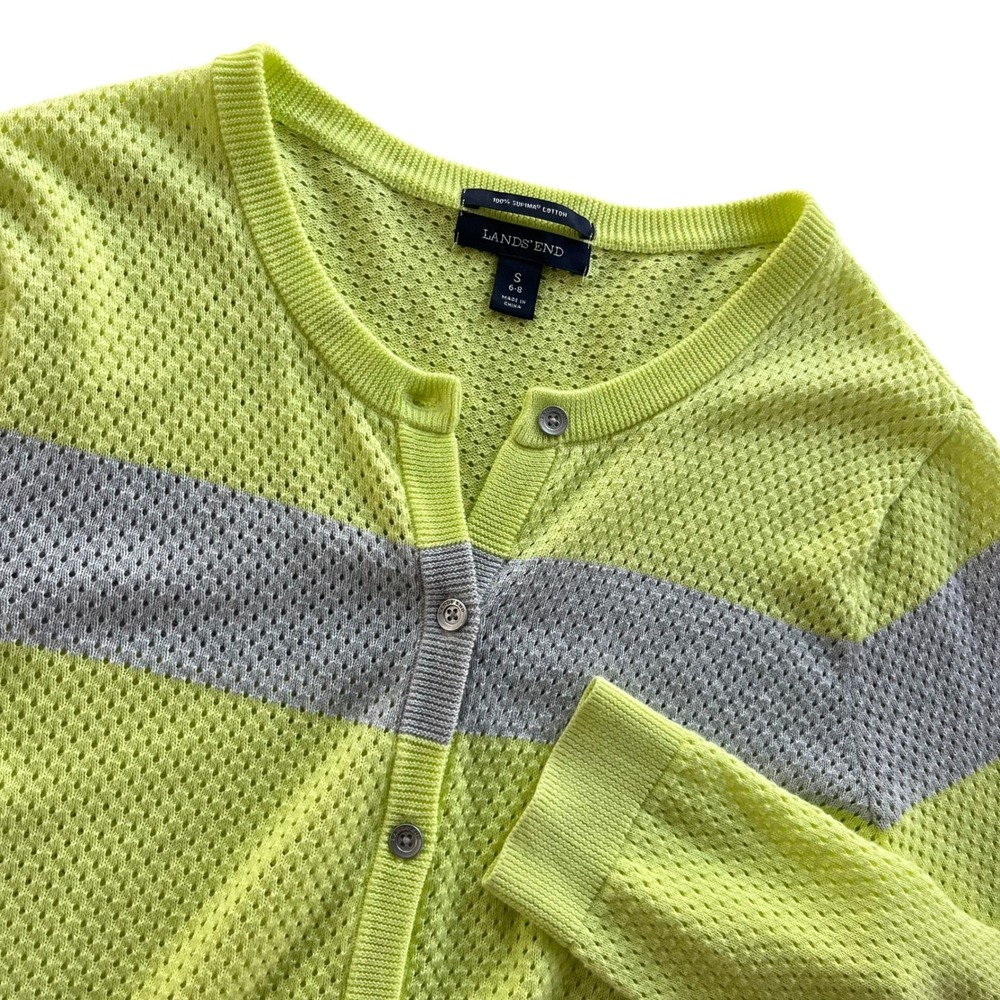 Lands' End Women's S Neon Yellow Gray Striped Supima Cotton Knit Button Cardigan